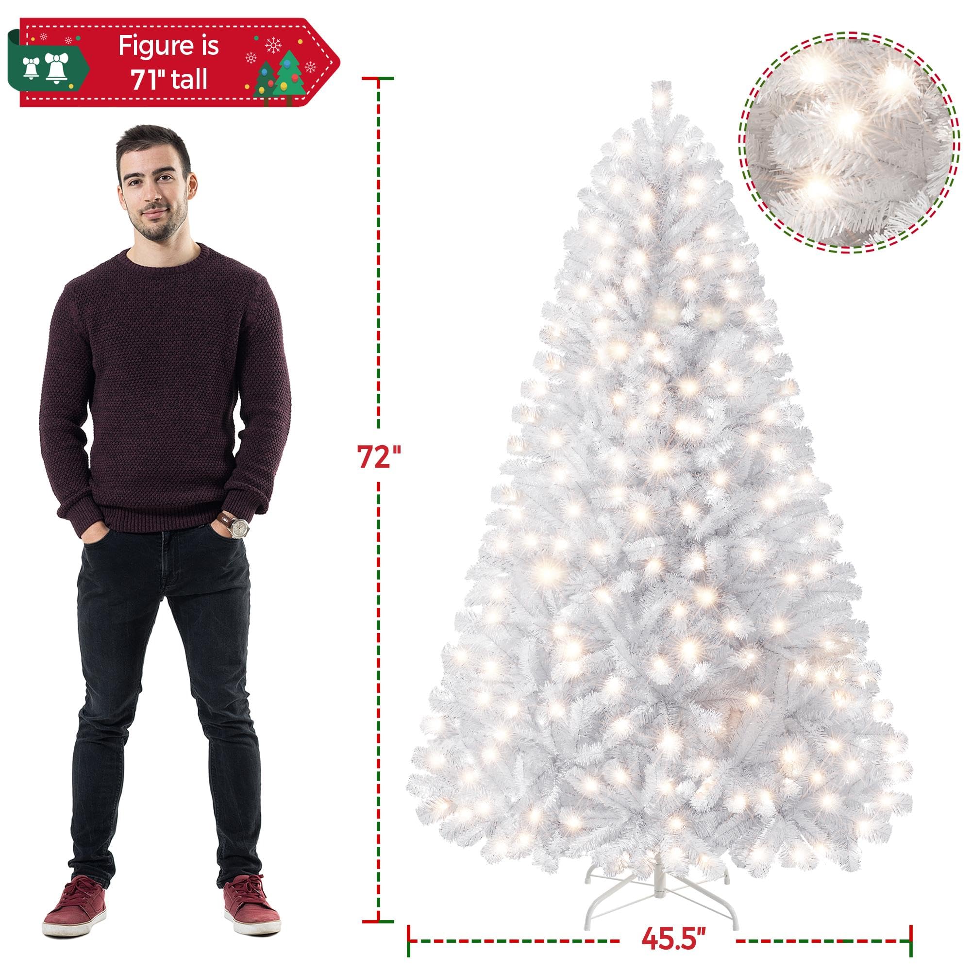 Yaheetech 6ft Pre-lit Spruce Artificial Hinged Christmas Pine Tree Prelighted Holiday Xmas Tree for Home Party Decoration with 3